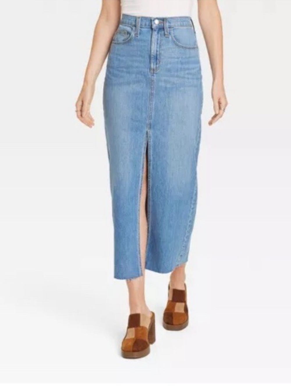 Universal Thread Light Blue Denim Midi Skirt with Front Slit